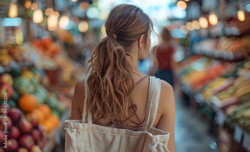 Wall mural Young woman shopping healthy food on the market