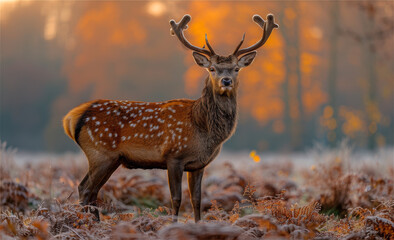 Fallow deer buck with antlers covered in frost during the rutting season in autumn UK.