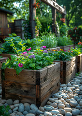 Wooden flower boxes in garden with flowers and stones