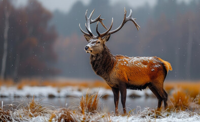 Noble deer with big horns standing on meadow with forest in the background and water on the foreground