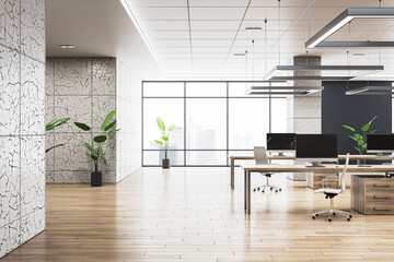 Elegant modern office interior with large windows and urban view. 3D Rendering