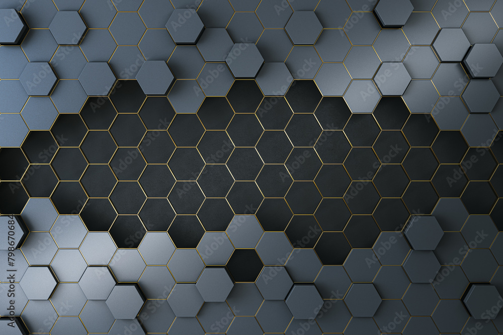 Poster Modern dark hexagonal background. Landing page concept. 3D Rendering.