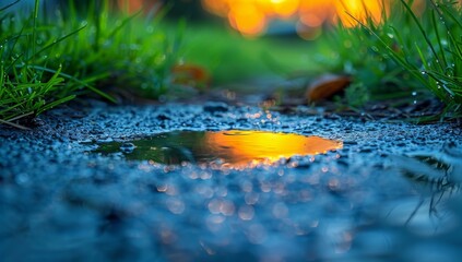 "Resilient Nature's Symphony: Capturing the Enchanting Droplet Dance in High-Resolution Macro Photography"，The dewdrops under the macro lens form puddles on the ground at the moment when plants 
