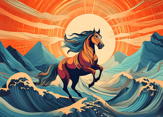 Illustration of a horse on a mountain with the sun and mountain ,sea,sky chinese style - obrazy, fototapety, plakaty