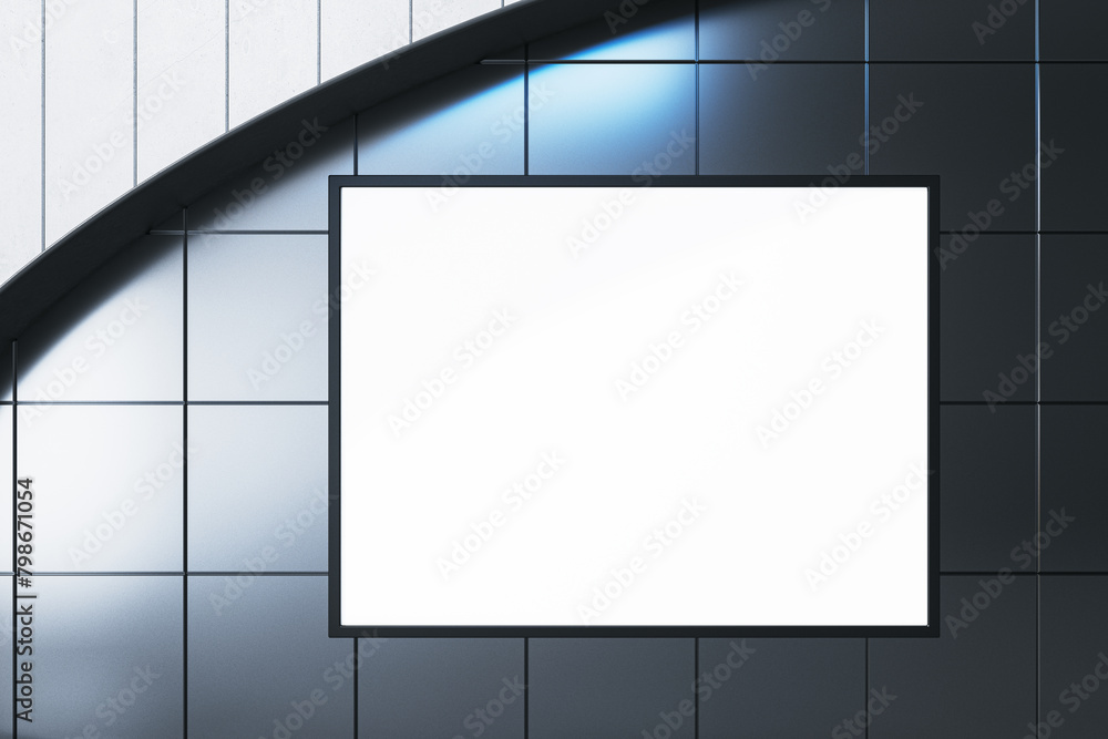 Poster modern underground interior with empty mock up banner on tile wall. 3d rendering.