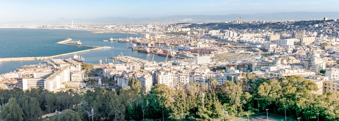 Algiers sea bay and pier port, aerial view on the capital city buildings, trees and Mediterranean...