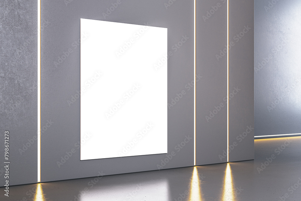 Poster Modern gray concrete interior with light reflections on floor and empty white mock up banner . Gallery concept. 3D Rendering.