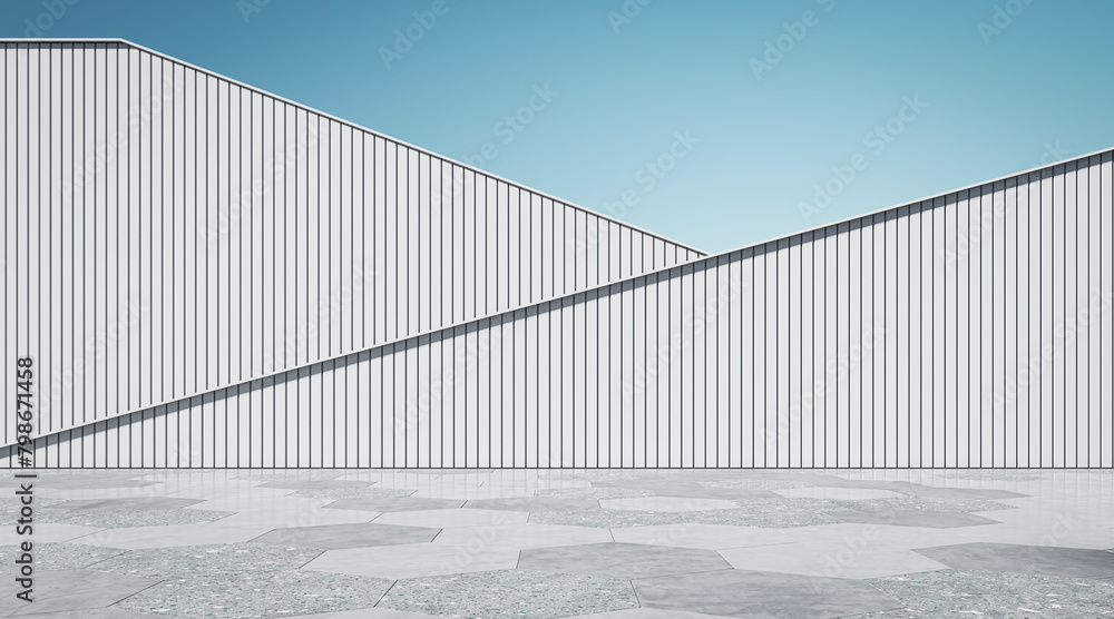 Poster abstract light exterior with linear walls and blue sky background. 3d rendering.