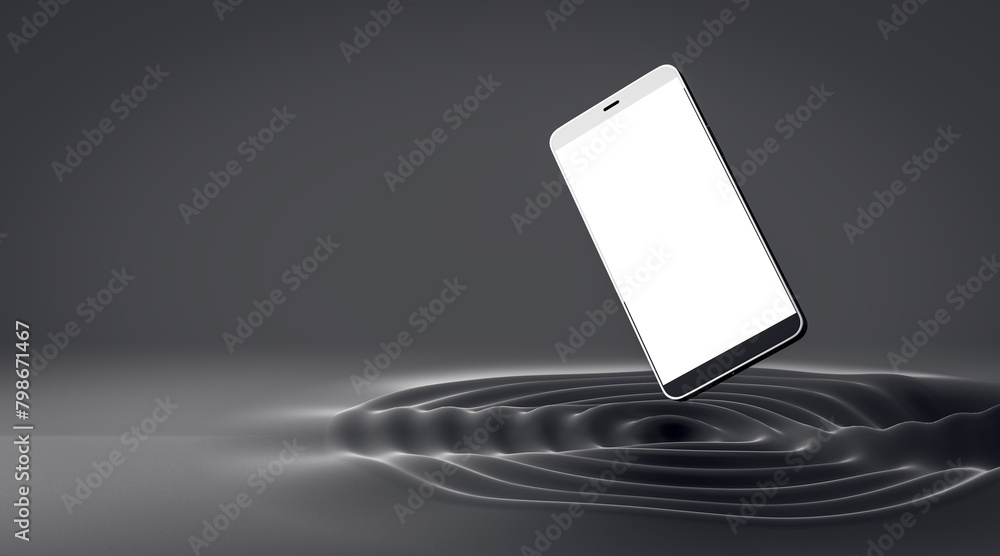 Poster abstract flying white smartphone on creative dark whirl background with mock up place. product ad co