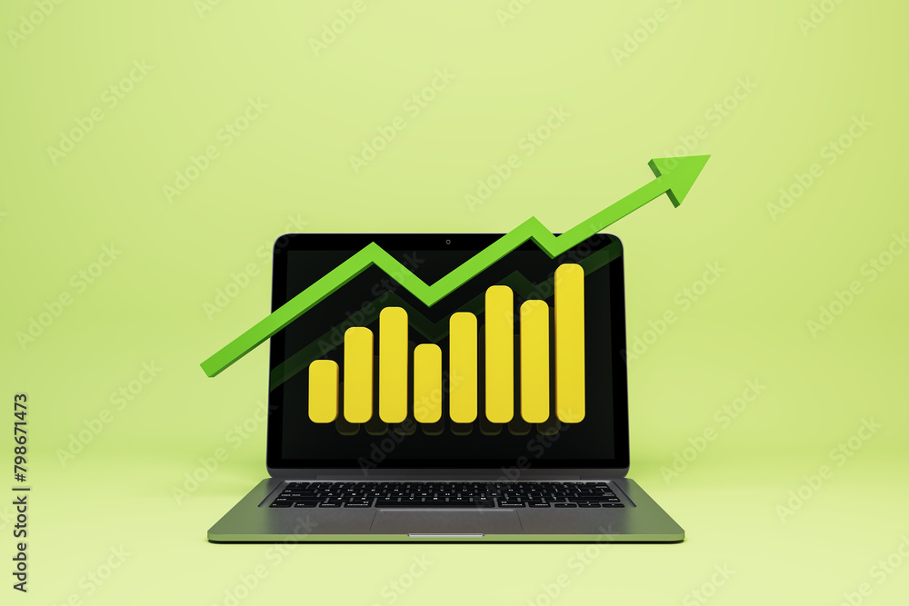 Poster Laptop with growing business chart and arrow on yellow background. Finance and report concept. 3D Rendering.