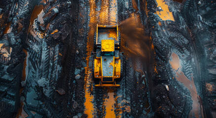 Large quarry dump truck carries coal from open-pit coal mine. Aerial view.