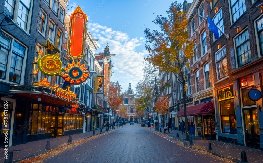 Wall mural The streets of Amsterdam are lined with shops and restaurants