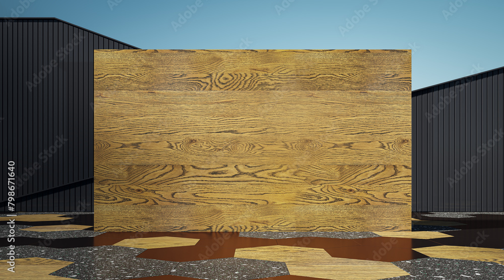Poster abstract dark exterior with empty wooden mock up wall and blue sky background. 3d rendering.