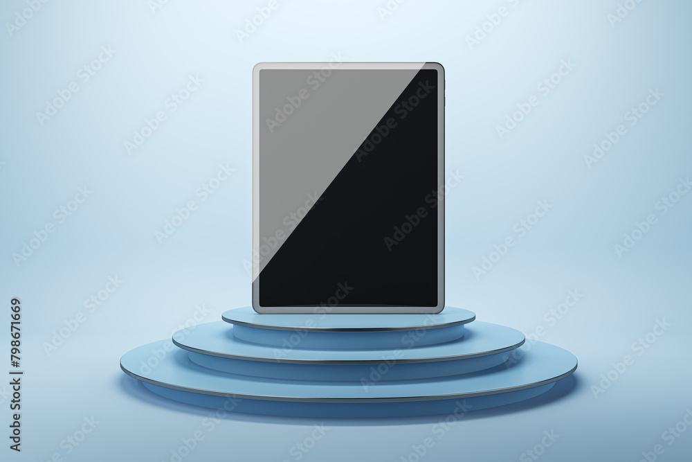 Poster Empty black mock up tablet with reflections on creative blue podium background with mock up place. Product ad concept. 3D Rendering.