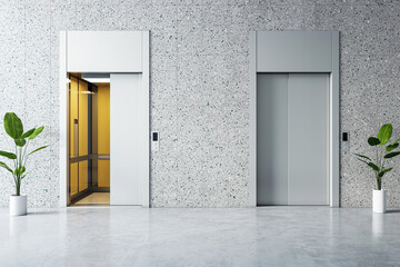 Open elevator doors in a polished office lobby, modern architectural elements. 3D Rendering © Who is Danny