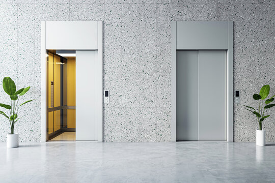 Open elevator doors in a polished office lobby, modern architectural elements. 3D Rendering