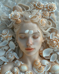 Portrait of woman lying in sea coast with shells in her hair. Art concept. Summer time. 