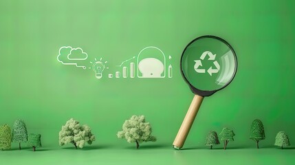 Carbon reduction symbol on green background magnifying glass for combating climate change, global warming limitation, sustainable development, green business concept.