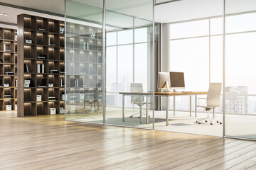 Modern office interior with glass partitions, wooden furnishings, and city view background. Concept of luxury workspace. 3D Rendering