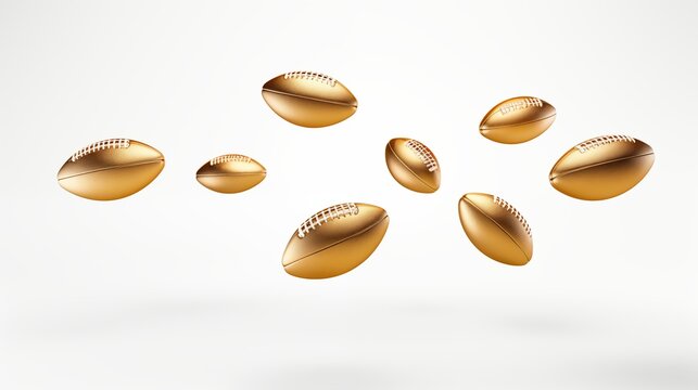 Collection of Shiny Gold American Footballs Flying on white Background.