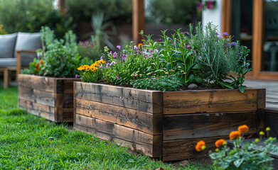 Wooden flower boxes with marigolds and other flowers in the garden
