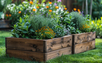Wooden flower boxes with marigolds and lavender in the garden