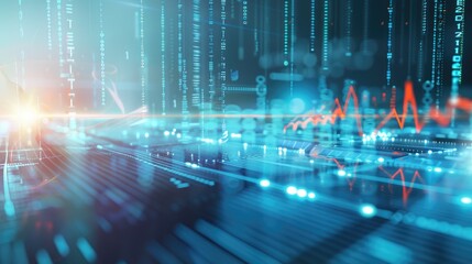 Obraz premium Light blue Medical science background with cardiorgram graph and digital technology glowing light