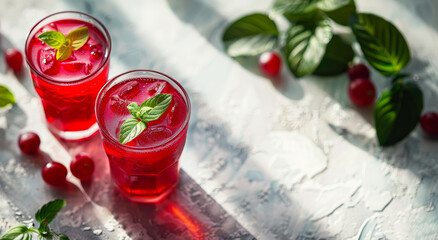 Two glasses of cold refreshing summer drink with ice and red berries of cherry and basil on light background.