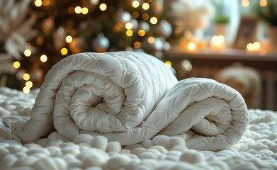 White cozy knitted blanket lies on the bed in the background of Christmas tree and garlands