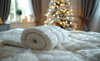White cozy blanket and pillows on the bed with christmas tree and lights in the background