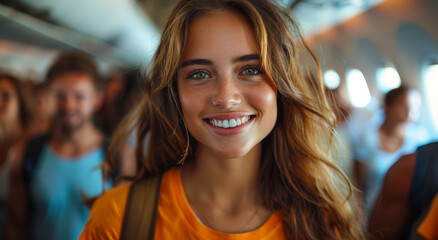 Young woman smiling on airplane