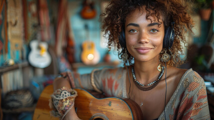 Portrait of beautiful mixed race woman with curly hair wearing headphones and holding guitar in her studio