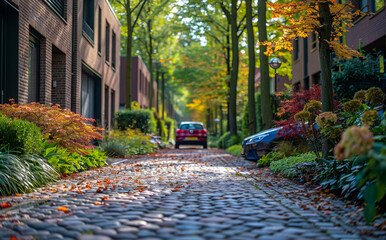 Car is parked on cobblestone street in autumn