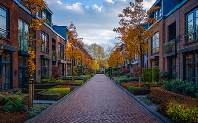 Brick road and sidewalk in residential neighborhood in the autumn season
