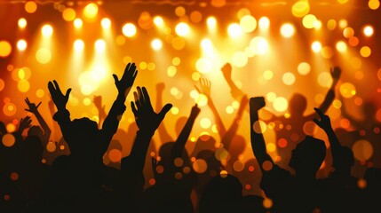 Silhouettes of a multicultural group cheering at a concert, with stage lights illuminating their figures