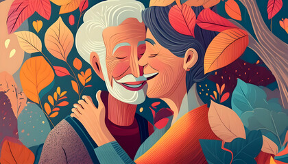 Art, feelings, affection, love, couple, old couple, relationship, old, old woman, old man, expression, people, illustration, cartoon, symbol art, background, wallpaper, HD