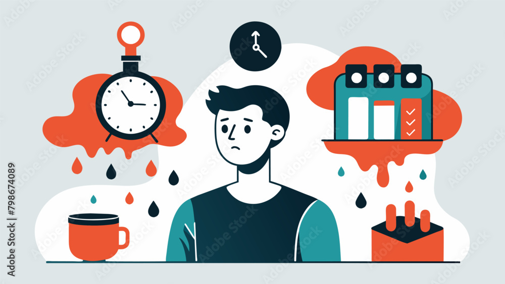 Poster a series of ink drawings showing a persons perception of time with clocks and calendars melting and 