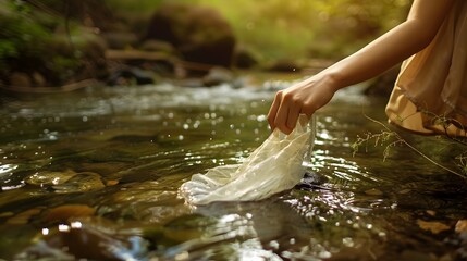 Gentle hand washing a garment in a peaceful stream surrounded by lush natural beauty