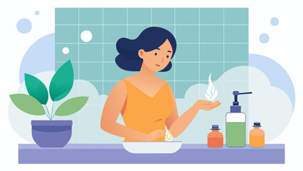 A woman practices her selfcare routine surrounded by the comforting scent of patchouli and bergamot essential oils diffusing from her bathroom.