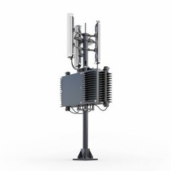 Telecommunication pole of 4G and 5G cellular. Base Station or Base Transceiver Station. Wireless Communication Antenna Transmitter. Telecommunication pole with antennas isolated on white background