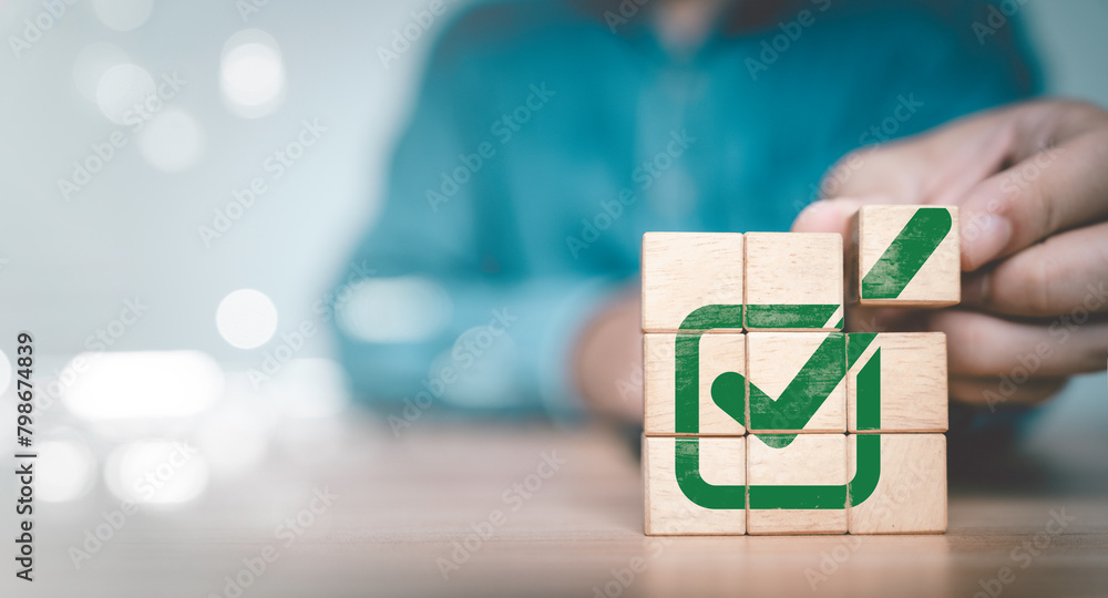 Poster businessman assemble correct sign mark for document project approval and quality iso concept.