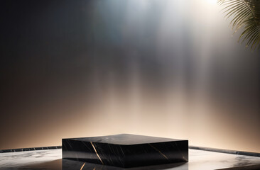 empty bright room with black marble podium, pedestal for product presentation, design for product advertising