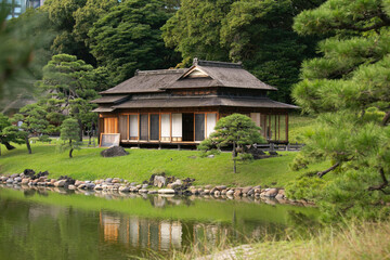 Traditional Japanese chashitsu tea room called Tsubame-no-ochaya or Swallow teahouse along the...
