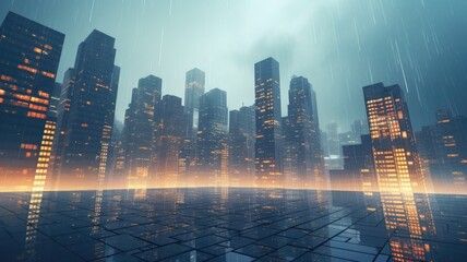 Rain-Kissed Urban Twilight: City Lights Reflection