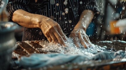 Close-up View of Hands Vigorously Scrubbing Clothes on Vintage Washboard with Splashing Water and