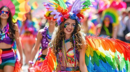 A pride parade with vibrant floats and marchers in colorful attire.