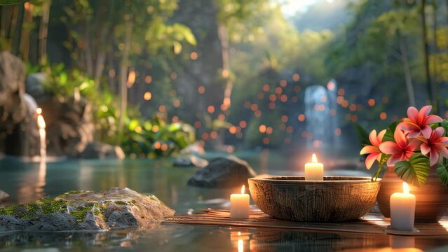 Spa background with pink flowers and towels on the table. Spa concept