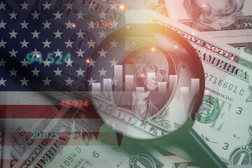 USD dollar banknote with USA flag and stock market graph chart for currency exchange and global...