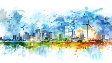 Vibrant Futuristic Eco-City with Renewable Energy Infrastructure Depicted in Colorful Watercolor