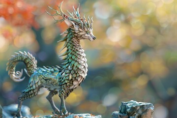 Obraz premium A colorful dragon with long horns stands on a rock